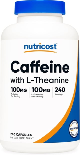 Nutricost Caffeine with L-Theanine supplement bottle, 100mg caffeine, 100mg L-Theanine, 240 servings