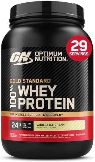 Optimum Nutrition Gold Standard 100% Whey Protein powder container, 29 servings, vanilla ice cream flavor