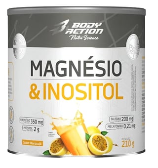 Body Action Magnesio & Inositol powder supplement can in Passion Fruit flavor with nutritional information displayed