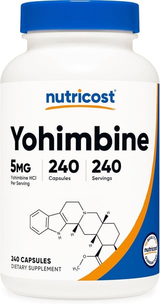 Nutricost Yohimbine supplement bottle, 5mg, 240 capsules dietary supplement