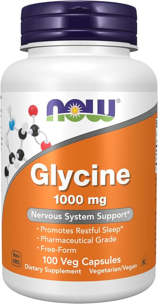 Bottle of Now Glycine 1000 mg dietary supplement, 100 veg capsules, for nervous system support and restful sleep
