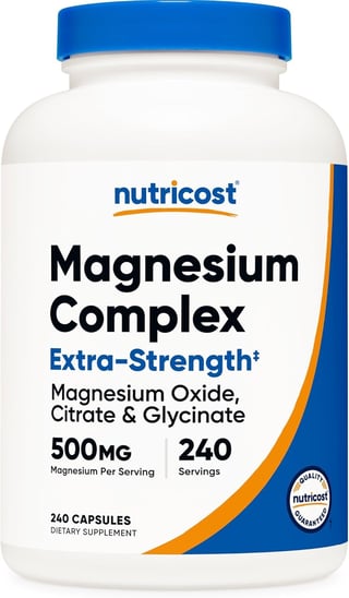 Nutricost Magnesium Complex Extra-Strength dietary supplement bottle with 240 capsules, 500mg magnesium per serving