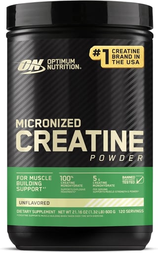 Optimum Nutrition Micronized Creatine Powder container, unflavored, 120 servings, black and green label