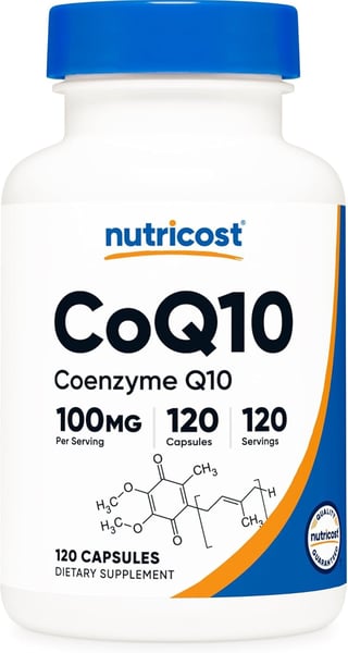 Nutricost CoQ10 supplement bottle with blue cap containing 120 capsules of 100mg Coenzyme Q10 per serving