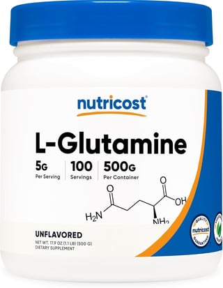 Nutricost L-Glutamine supplement powder container with blue cap, 5g per serving, 100 servings, unflavored