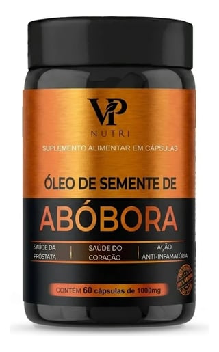 VP Nutri abóbora seed oil supplement bottle with black cap and orange label, 60 capsules of 1000mg