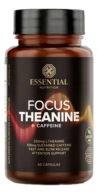 Bottle of Essential Nutrition Focus Theanine with Caffeine supplement, 60 capsules, brown glass container with black label