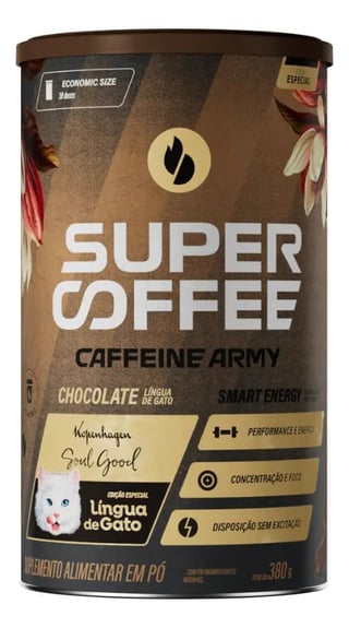 Super Coffee instant coffee powder canister in chocolate flavor with Lingua de Gato cookies, labeled as an economical size