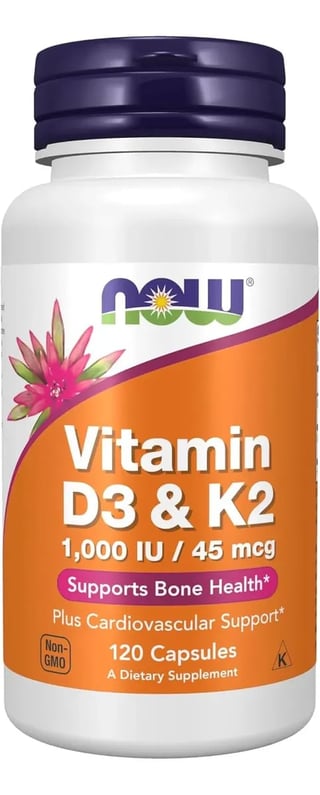 Now Vitamin D3 & K2 supplement bottle, 1000 IU/45 mcg, 120 capsules for bone and cardiovascular health