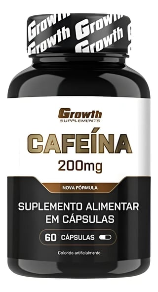 Growth Supplements caffeine 200mg supplement bottle with 60 capsules, black container with white and gold labels