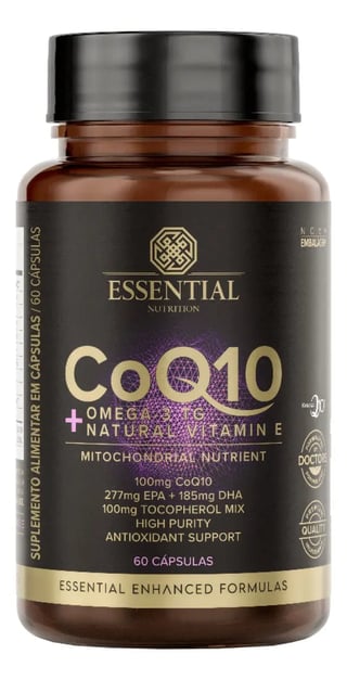 Bottle of Essential Nutrition CoQ10 supplement with Omega and natural vitamin E, 60 capsules, for antioxidant support