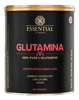 Essential Nutrition Glutamina supplement container with gold lid, 100% pure L-glutamine amino acid powder, 60 servings