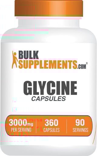 Bulk Supplements Glycine Capsules bottle with orange lid, containing 360 capsules at 3000mg per serving