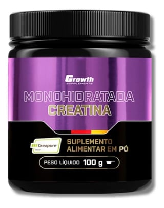 Purple and black container of Growth Supplements Monohidratada Creatina powder supplement, 100g size