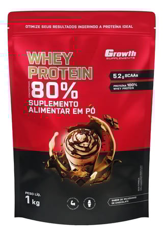 Red whey protein 80% powder supplement bag by Growth brand, 1kg chocolate flavor with BCAAs